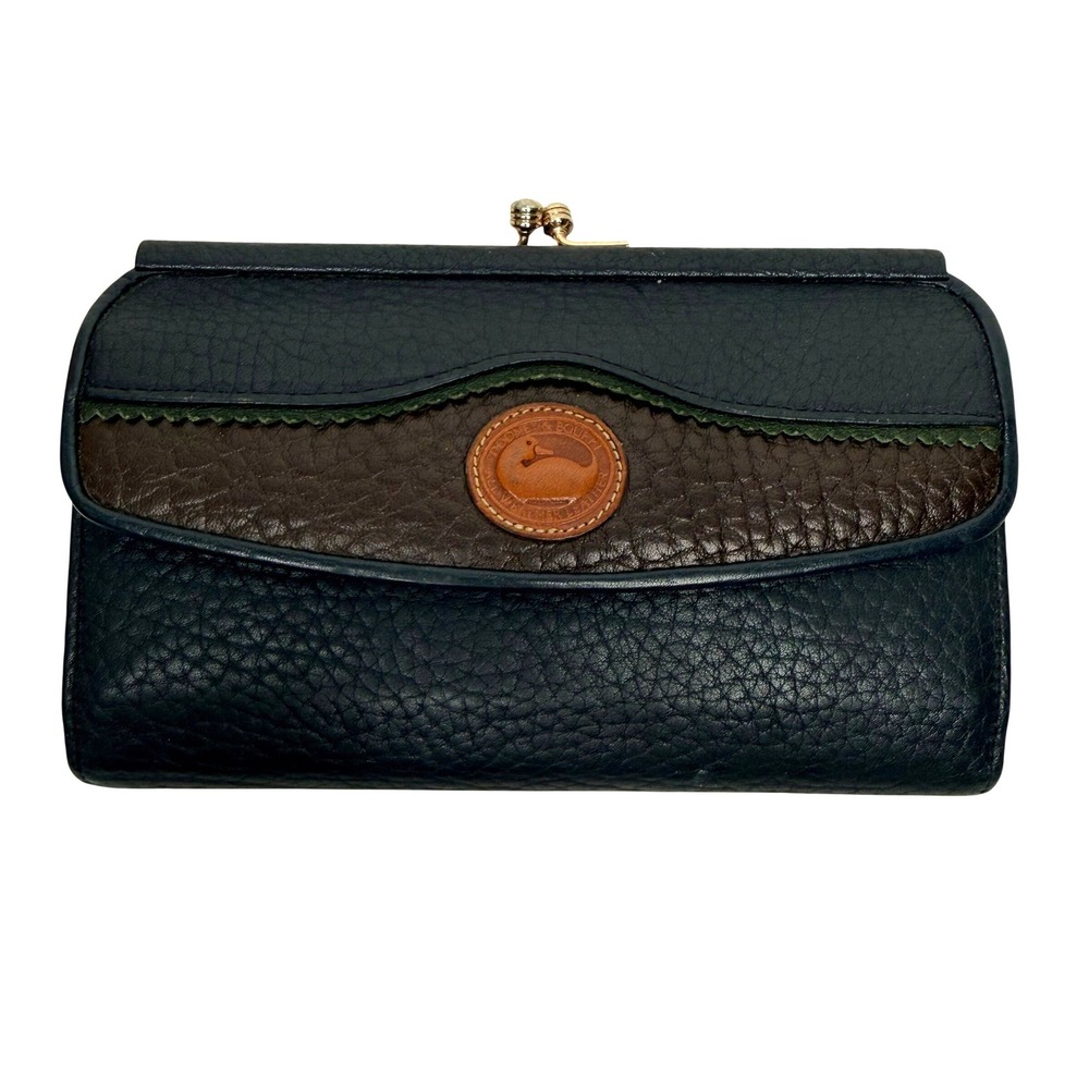 Dooney & Bourke Vintage All Weather Leather Trifold Kisslock Wallet Navy Brown